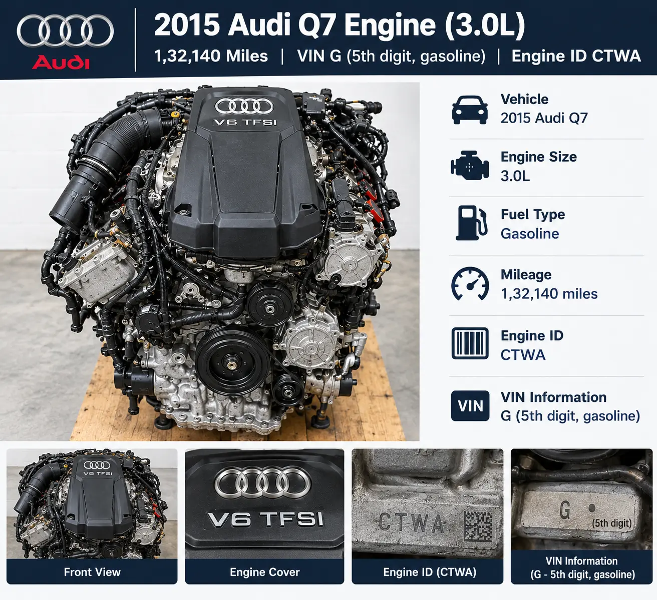 2015 Audi Q7 Engine (3.0L), 223,528 Miles Miles VIN G (5th digit, gasoline), engine ID CTWA