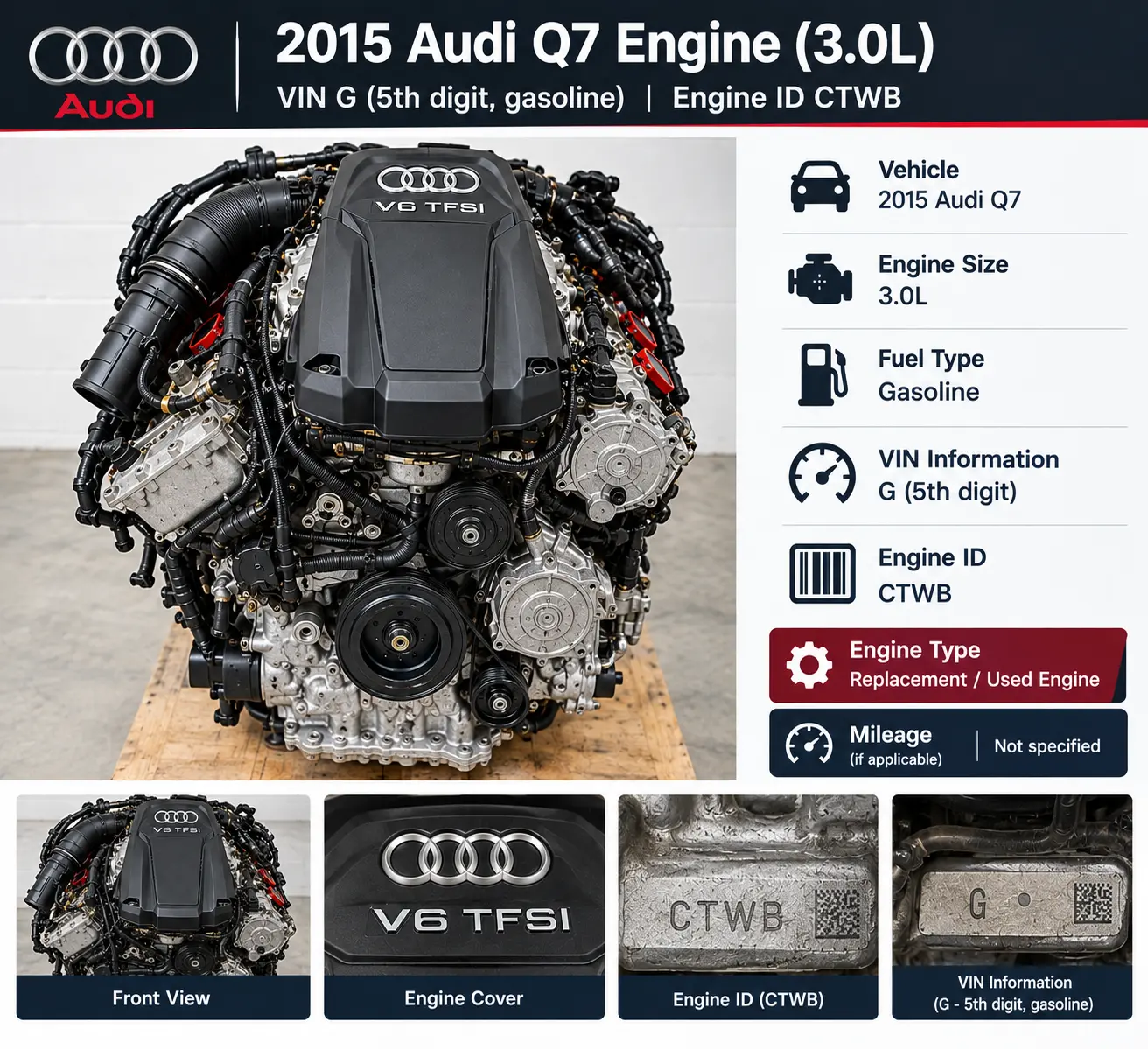2015 Audi Q7 Engine (3.0L), 86,000 Miles VIN G (5th digit, gasoline), engine ID CTWB