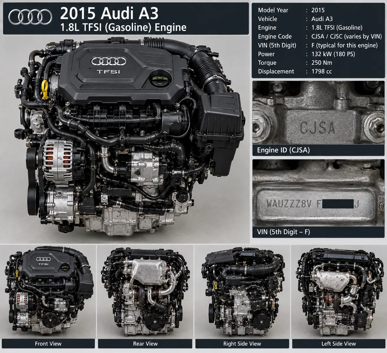 2015 Audi A3 Engine 1.8L, 44,000 Miles (engine ID CNSB, gasoline), (VIN C, 5th digit)