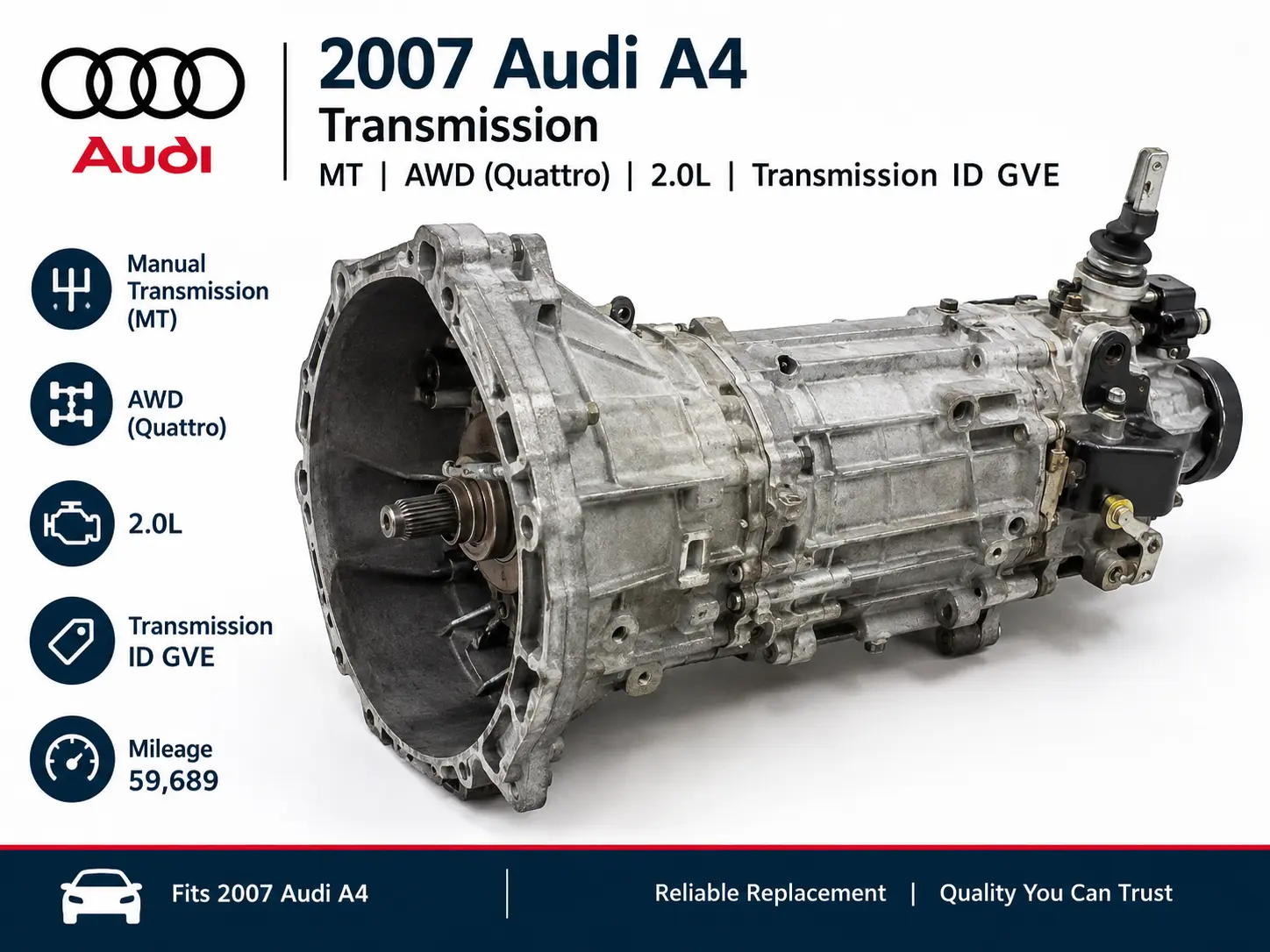 2007 Audi A4 Transmission MT, AWD (Quattro), 167,000 Milles 2.0L (transmission ID GVE)